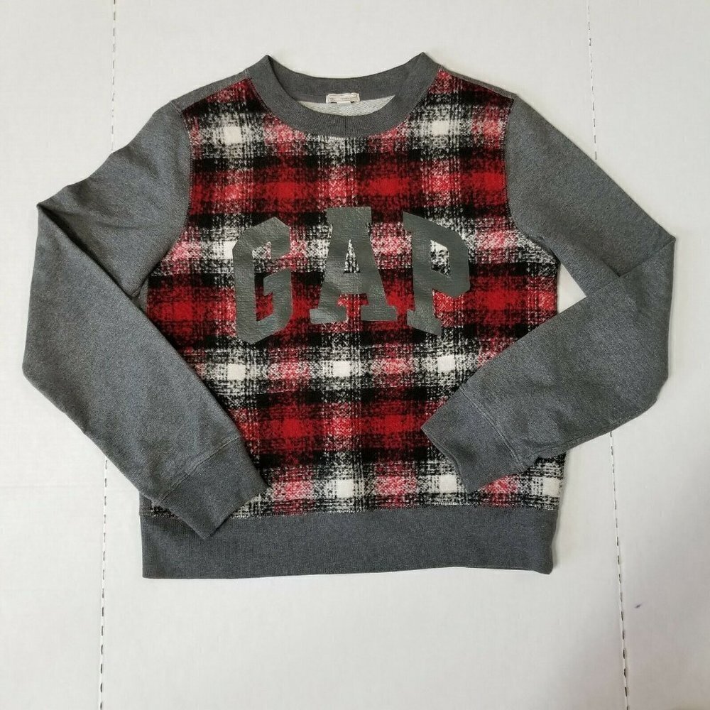 GAP Spellout Med Gray red‎ black Plaid Sweatshirt